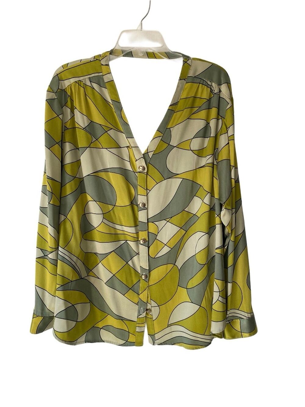 Alberto Makali Silk Green Geometric Blouse V-Neck size large